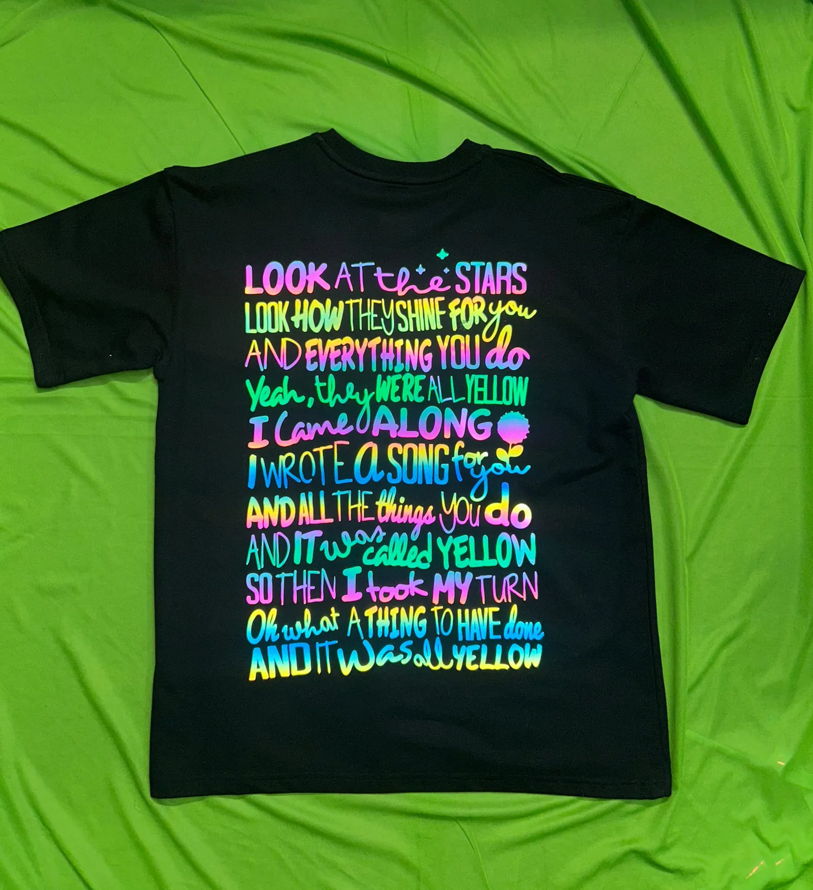 ['Coldplay Lyrics Premium French Terry Rainbow Reflector T-Shirt by YORD (T-Shirts) - photo 1 of 3', 'Coldplay Lyrics Premium French Terry Rainbow Reflector T-Shirt by YORD (T-Shirts) - photo 2 of 3', 'Coldplay Lyrics Premium French Terry Rainbow Reflector T-Shirt by YORD (T-Shirts) - photo 3 of 3']