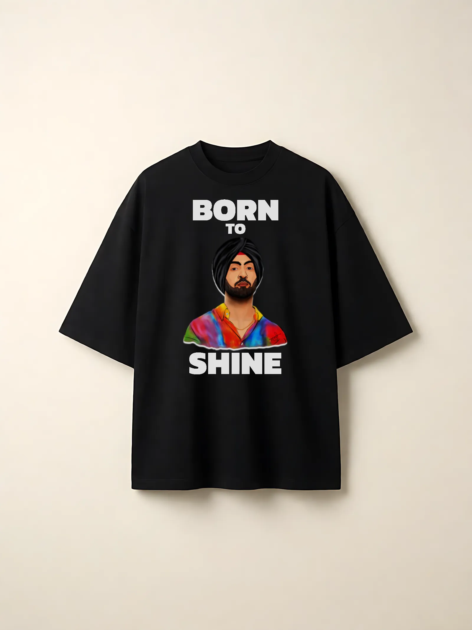 Born To Shine Colour Portrait Oversized T-Shirt — front print on a black tee