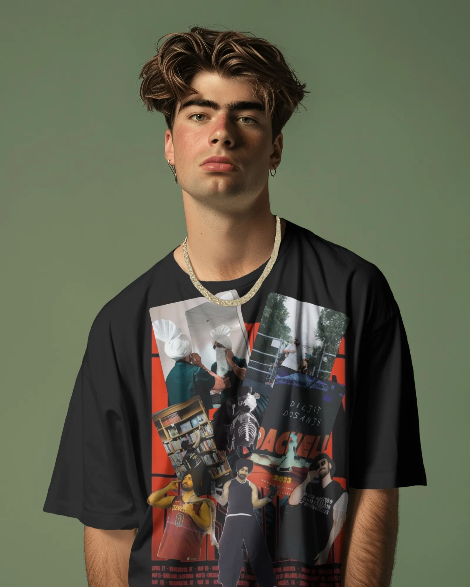 Diljit Dosanjh Collage Oversized T-Shirt — worn shot 3