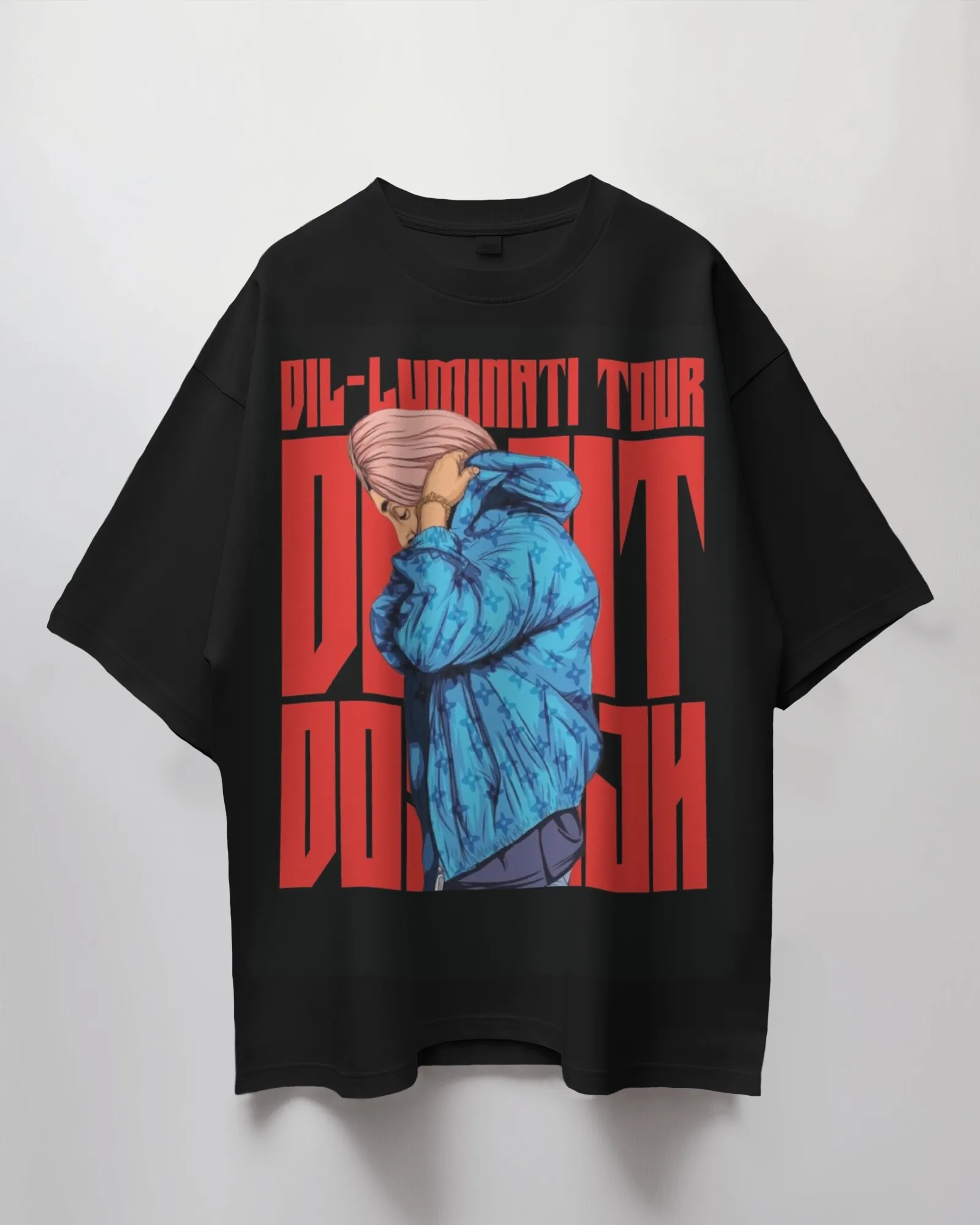 Dil-Luminati Blue Figure Oversized T-Shirt — worn shot 1