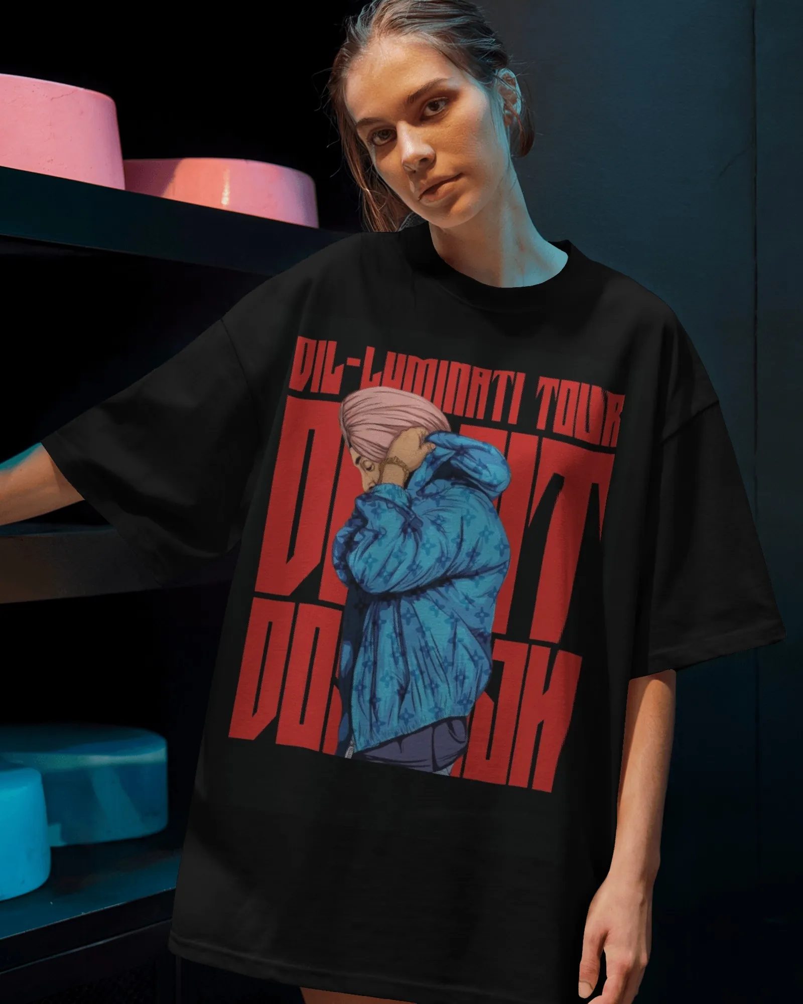 Dil-Luminati Blue Figure Oversized T-Shirt — worn shot 2
