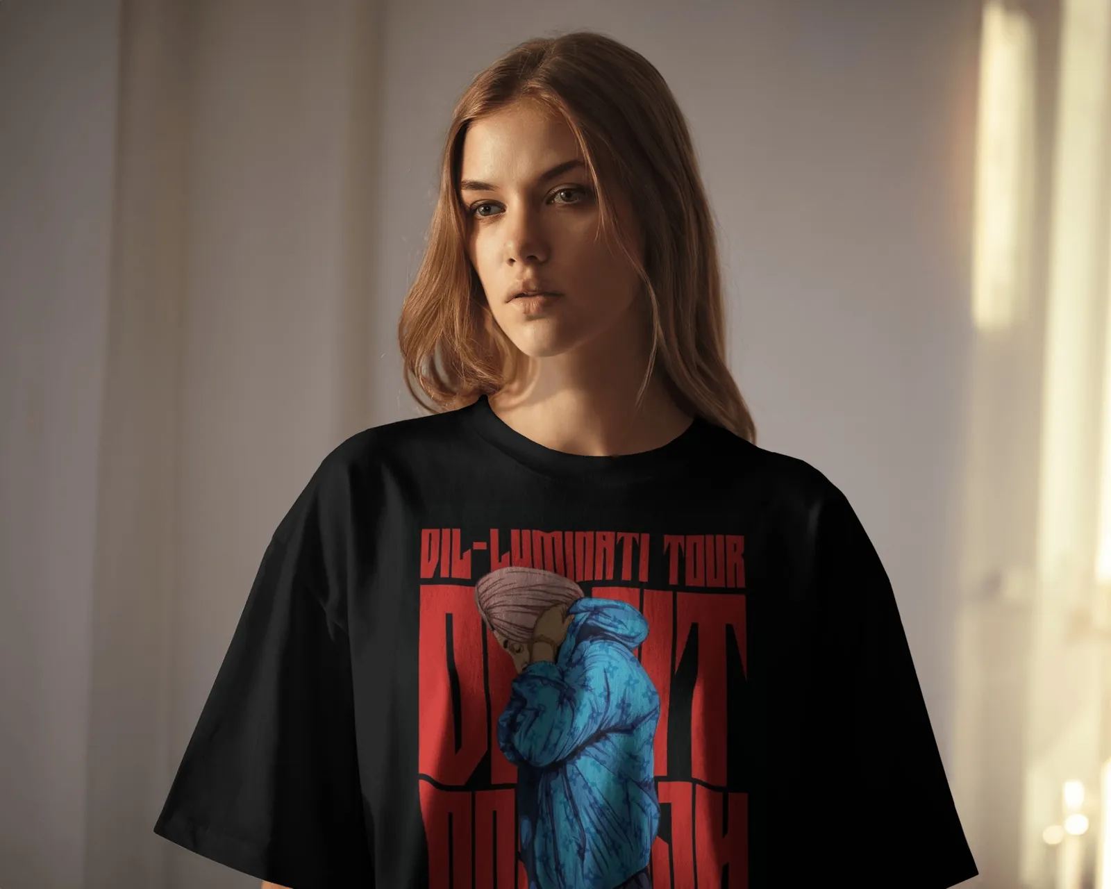 Dil-Luminati Blue Figure Oversized T-Shirt — worn shot 3