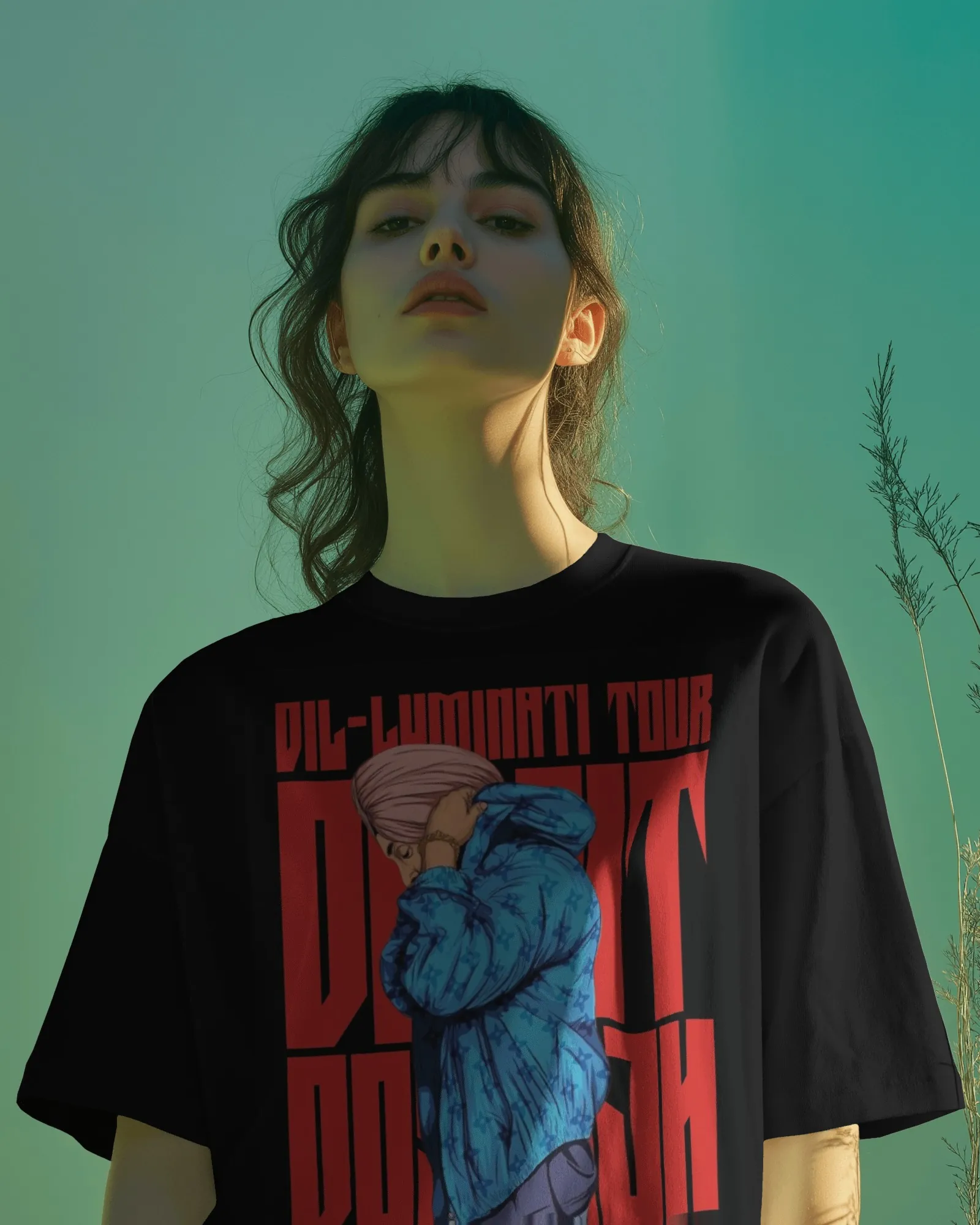 Dil-Luminati Blue Figure Oversized T-Shirt — worn shot 4