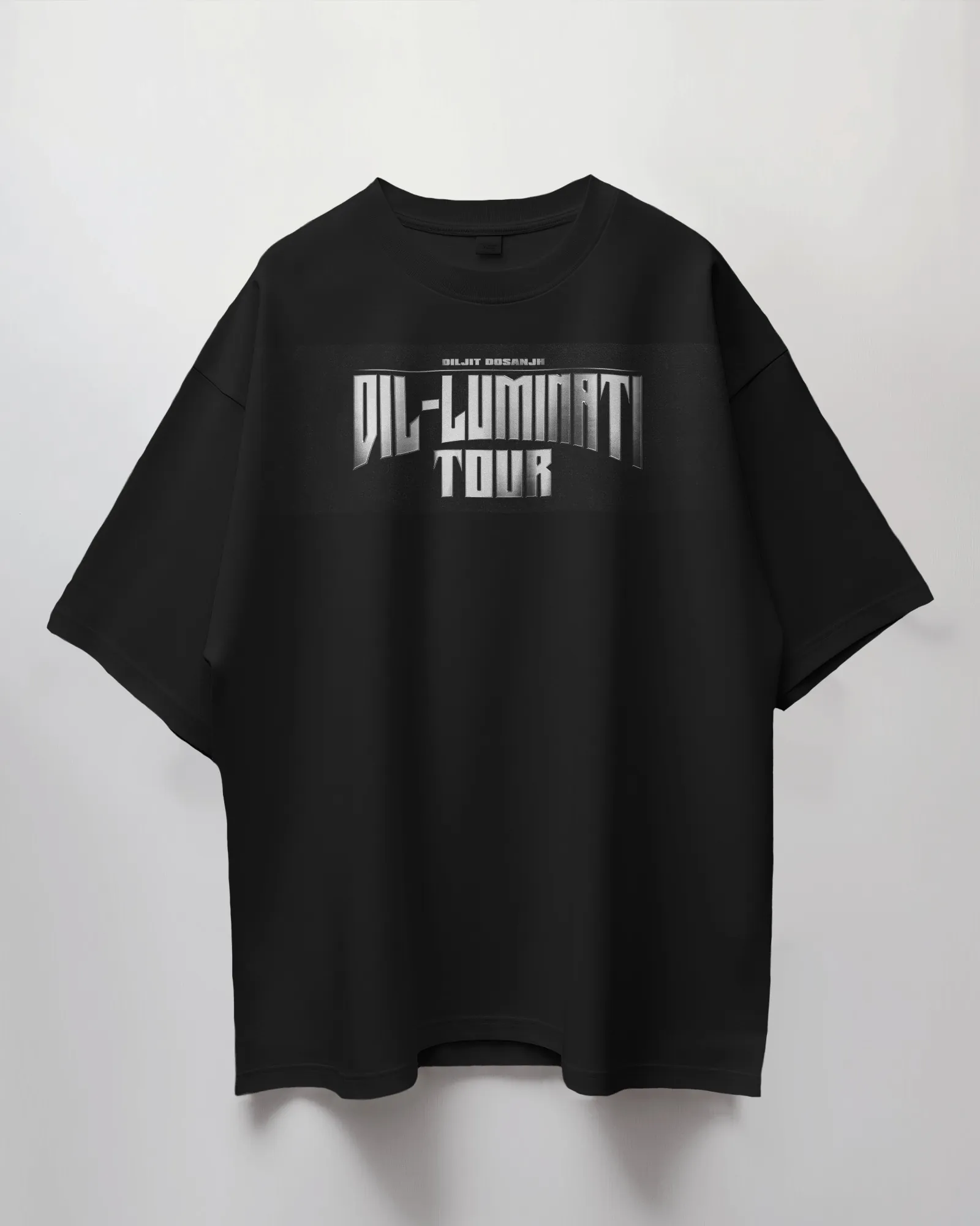 Dil-Luminati Chrome Type Oversized T-Shirt — worn shot 1