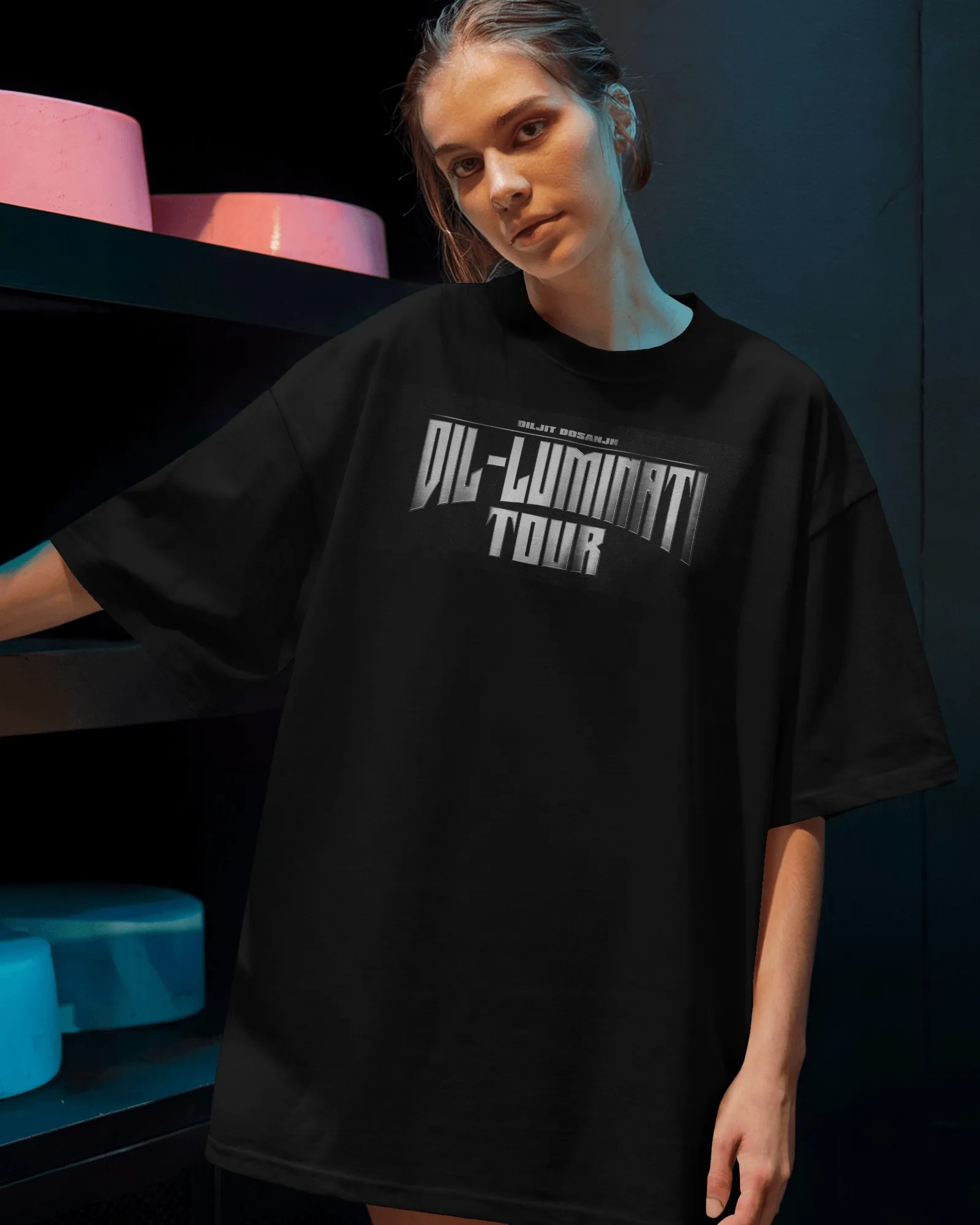Dil-Luminati Chrome Type Oversized T-Shirt — worn shot 2