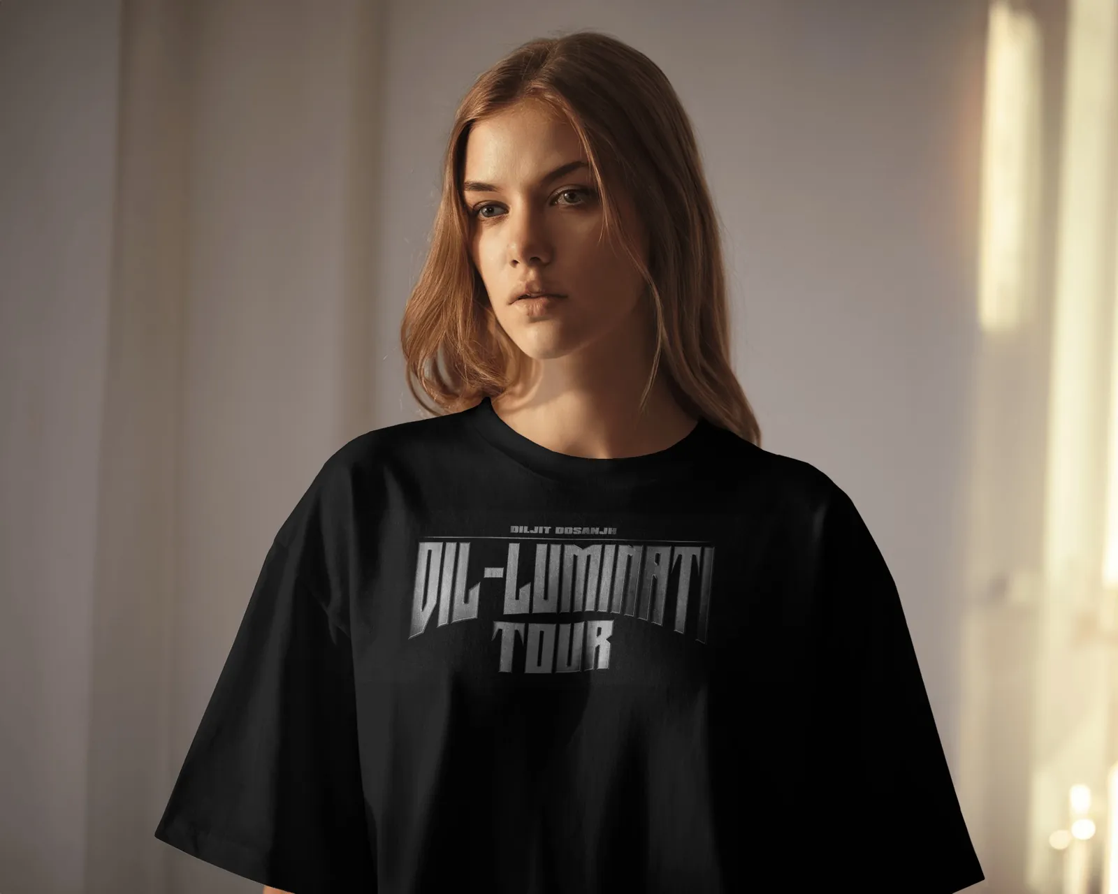 Dil-Luminati Chrome Type Oversized T-Shirt — worn shot 3