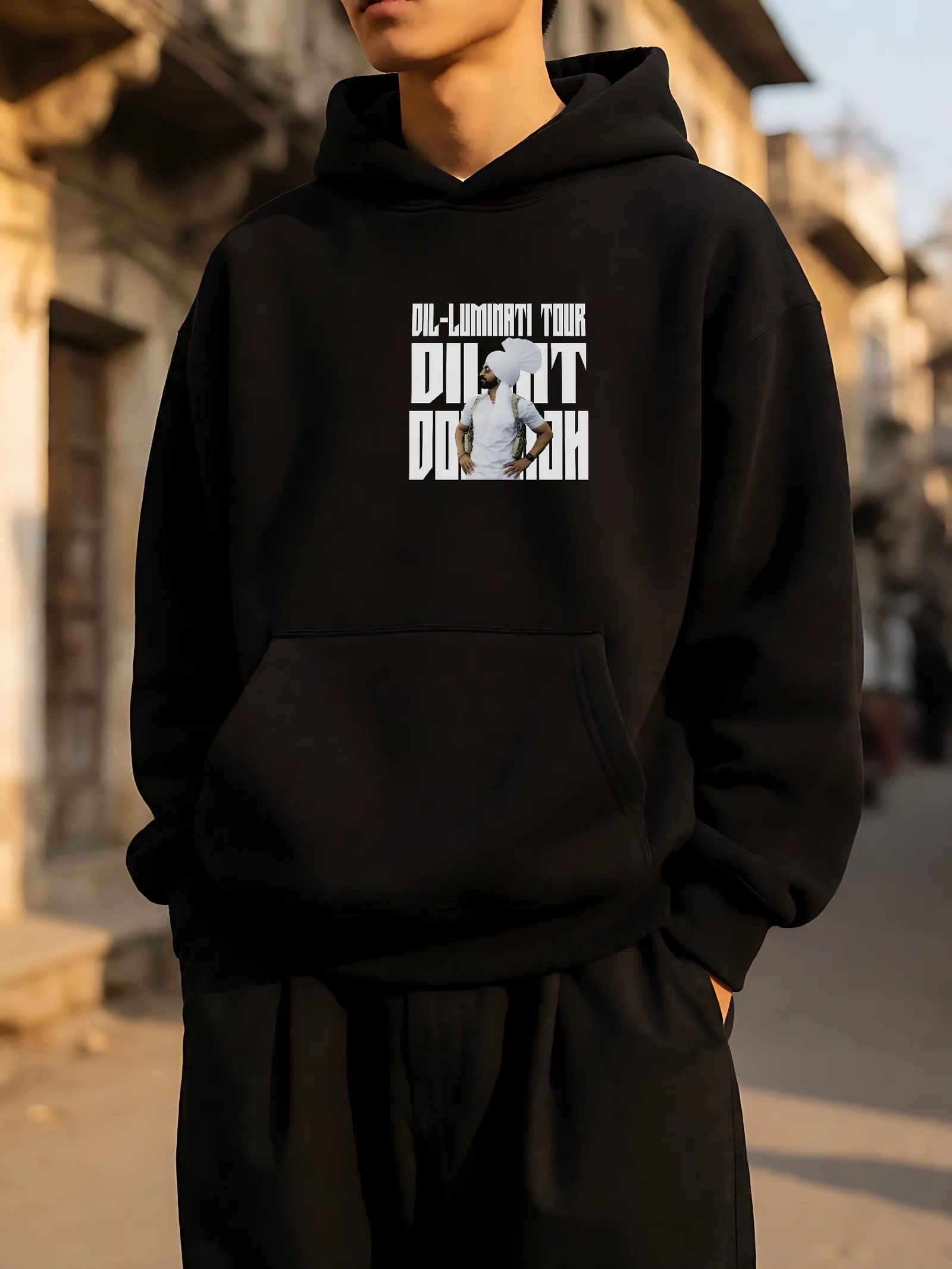 Dil-Luminati Reflective Premium Hoodie worn, front print in the street