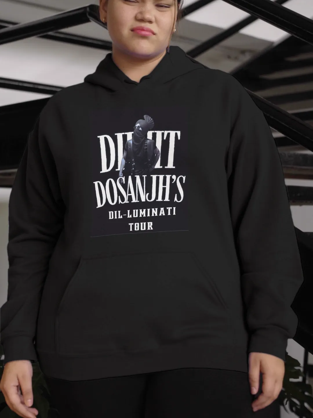 Dil-Luminati Tour Black Hoodie — worn shot 1