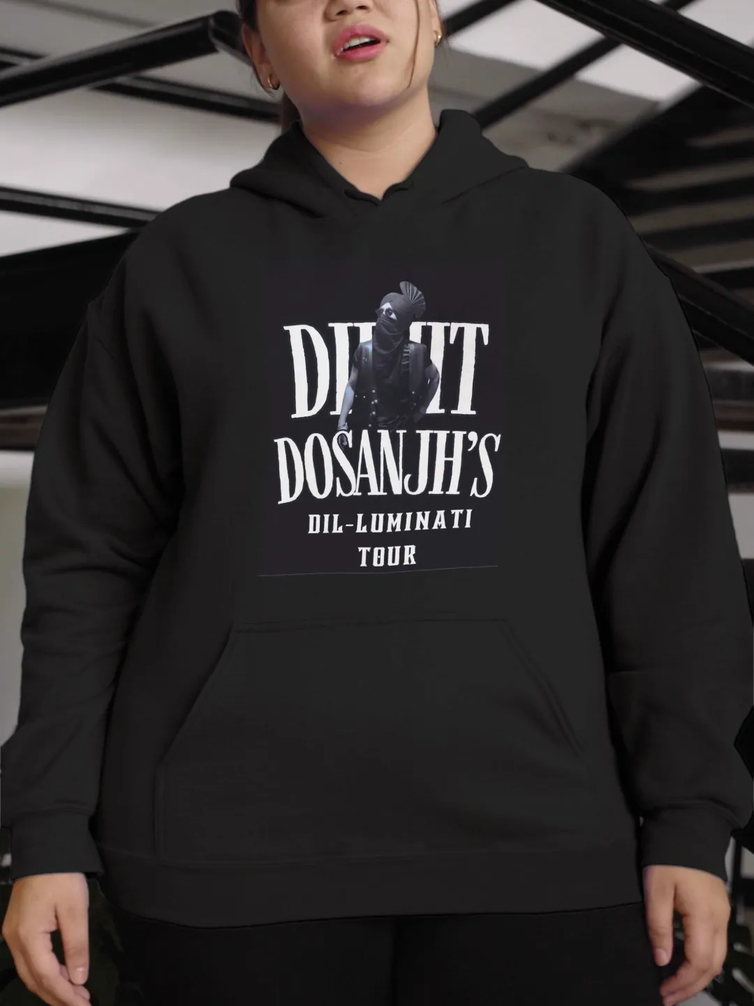 Dil-Luminati Tour Black Hoodie — worn shot 2