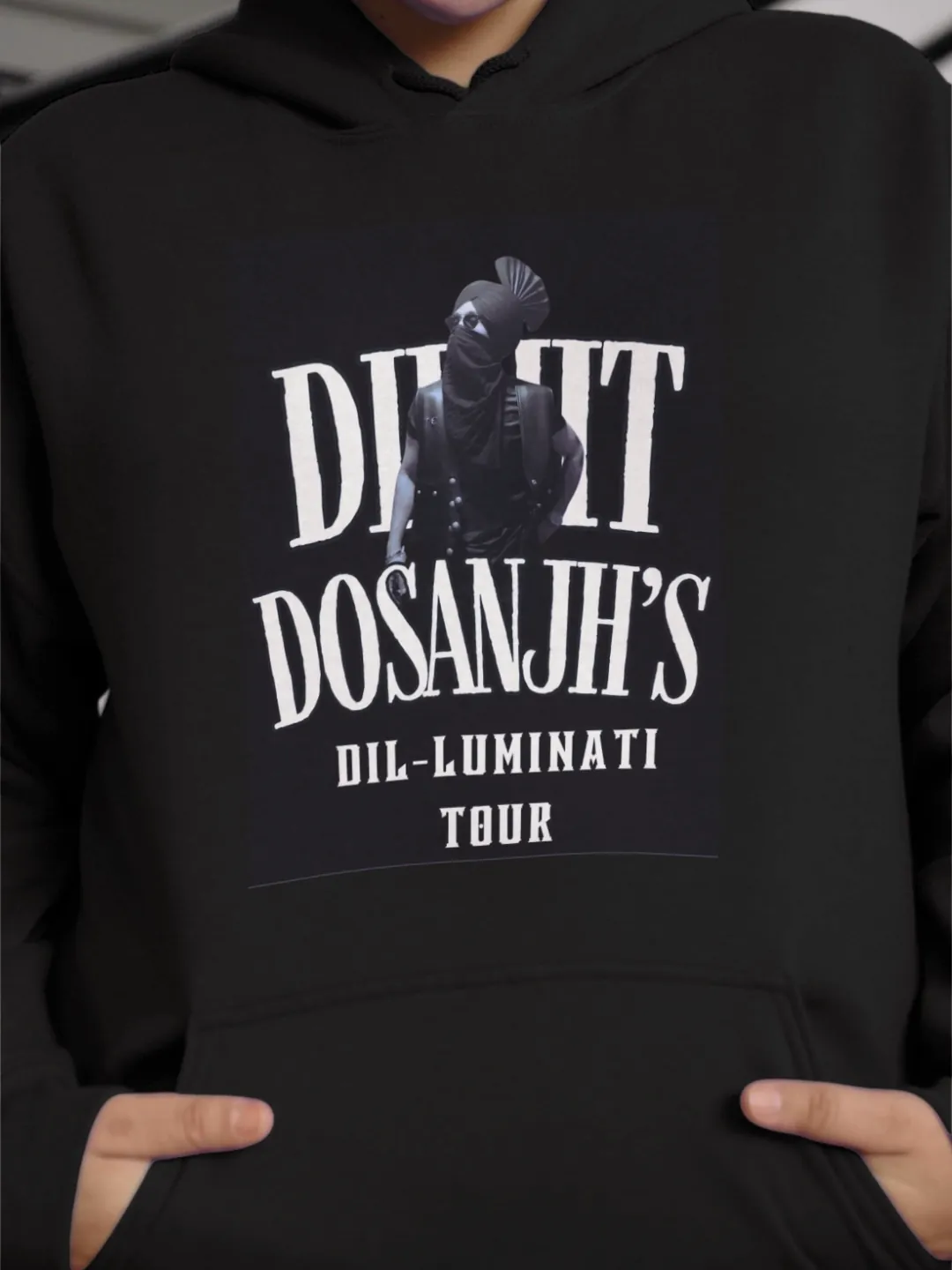 Dil-Luminati Tour Black Hoodie — worn shot 3