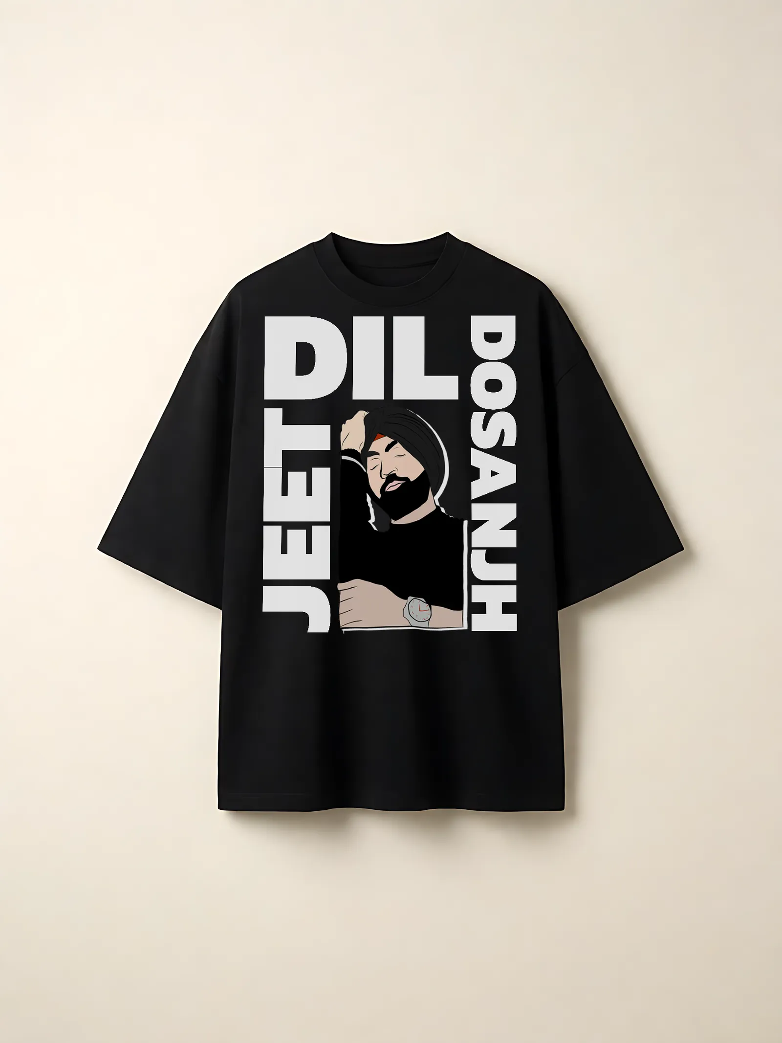 Diljeet Dosanjh Vertical Type Oversized T-Shirt — front print on a black tee