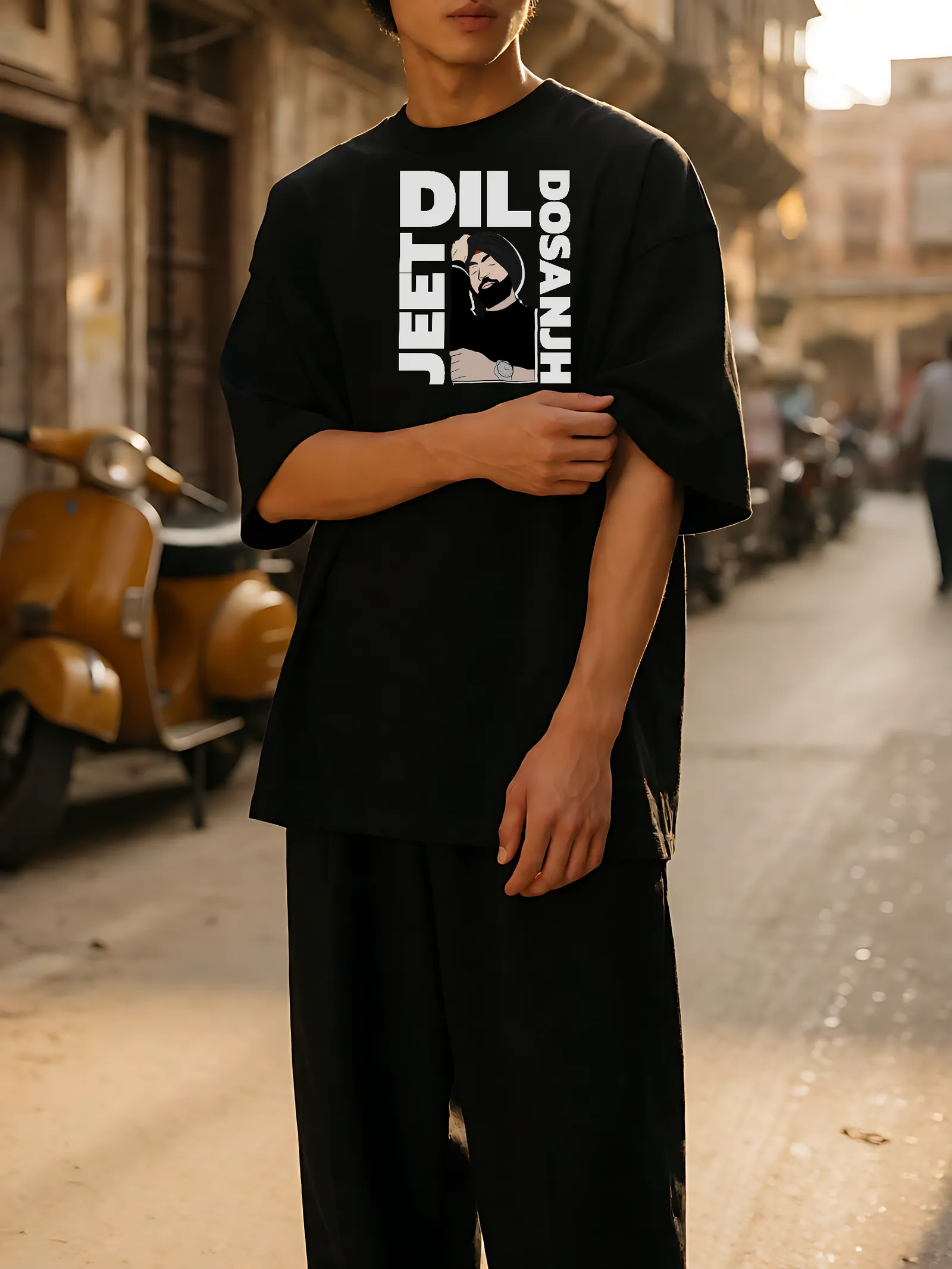 Diljeet Dosanjh Vertical Type Oversized T-Shirt worn, front print in the street