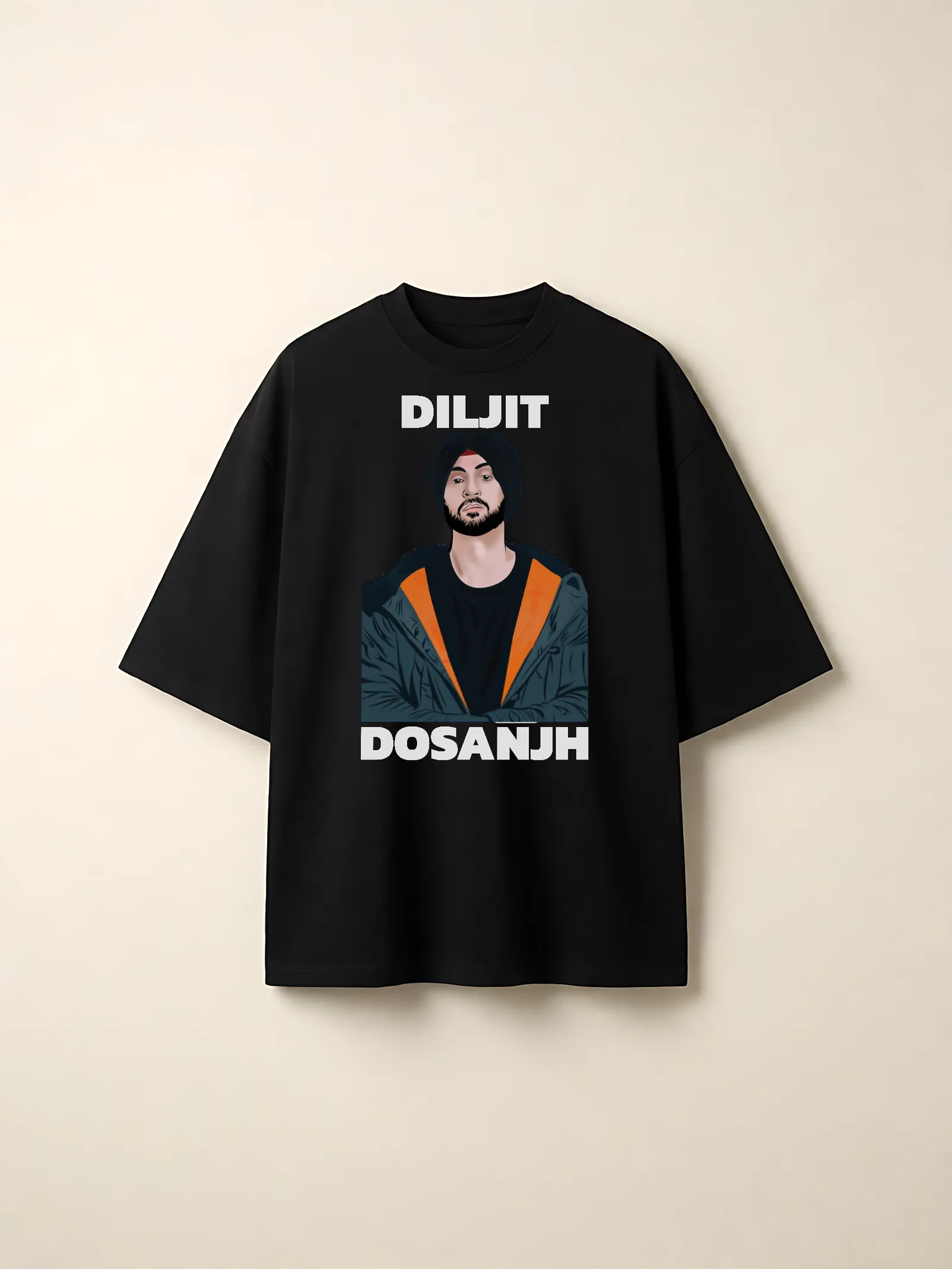 Diljit Dosanjh Orange Jacket Oversized T-Shirt — front print on a black tee