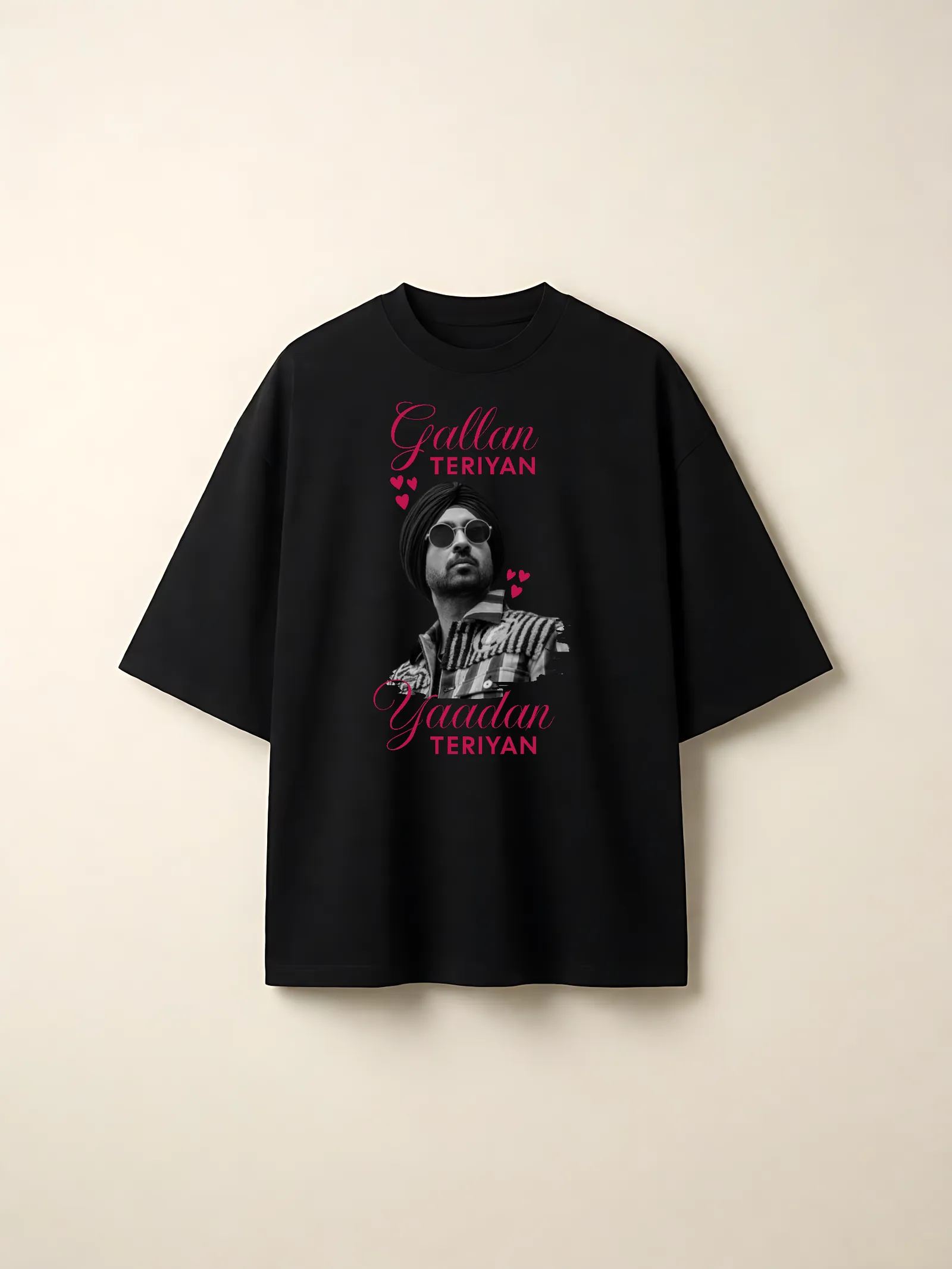 Gallan Teriyan Yaadan Teriyan Oversized T-Shirt — front print on a black tee
