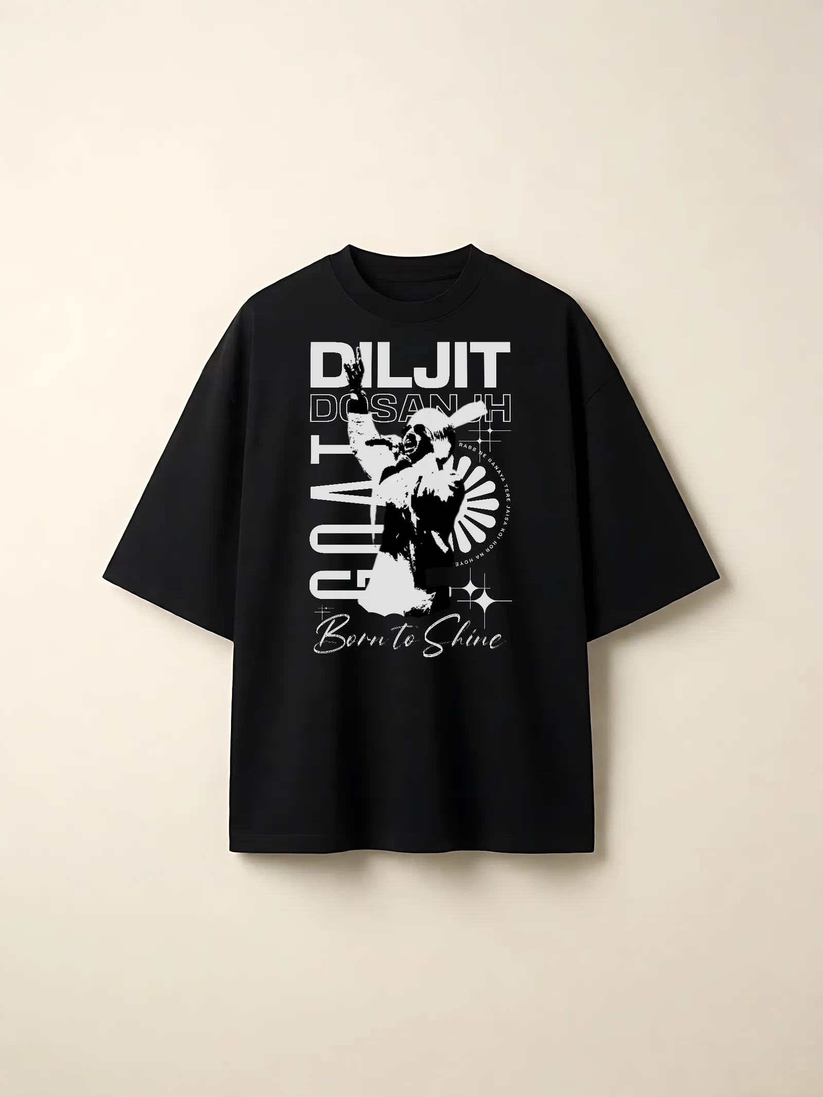 GOAT Born To Shine Oversized T-Shirt — front print on a black tee