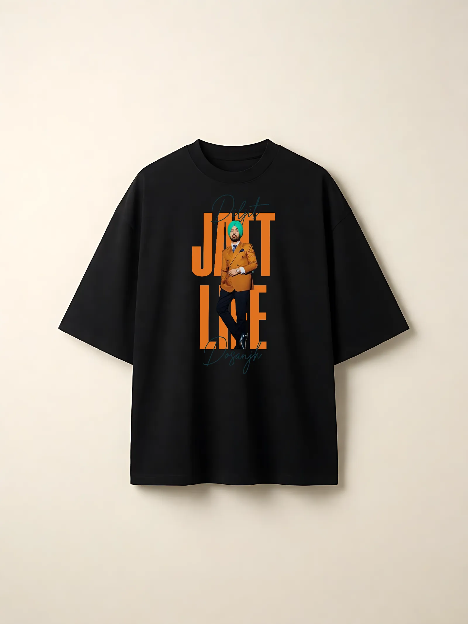 Jatt Life Orange Type Oversized T-Shirt — front print on a black tee