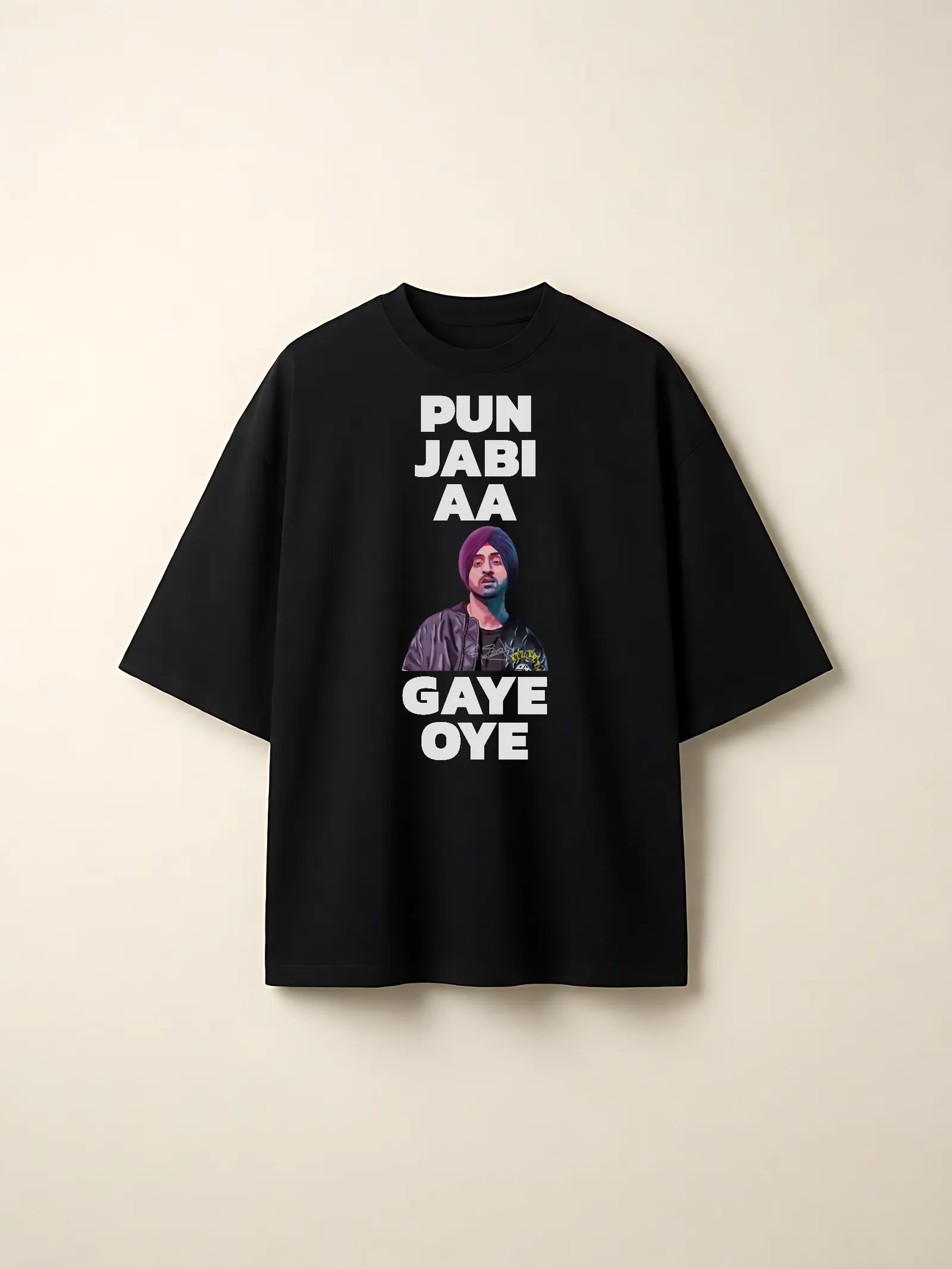 Punjabi Aa Gaye Oye Purple Print Oversized T-Shirt — front print on a black tee