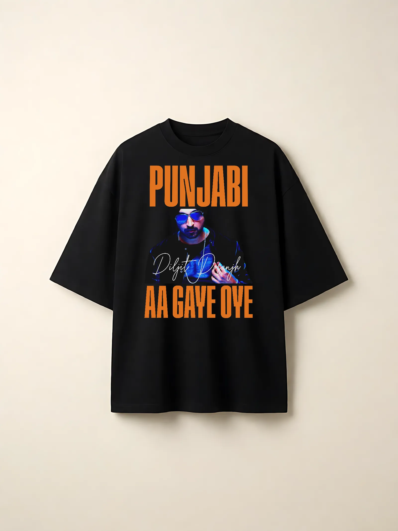 Punjabi Aa Gaye Oye Sunset Oversized T-Shirt — front print on a black tee
