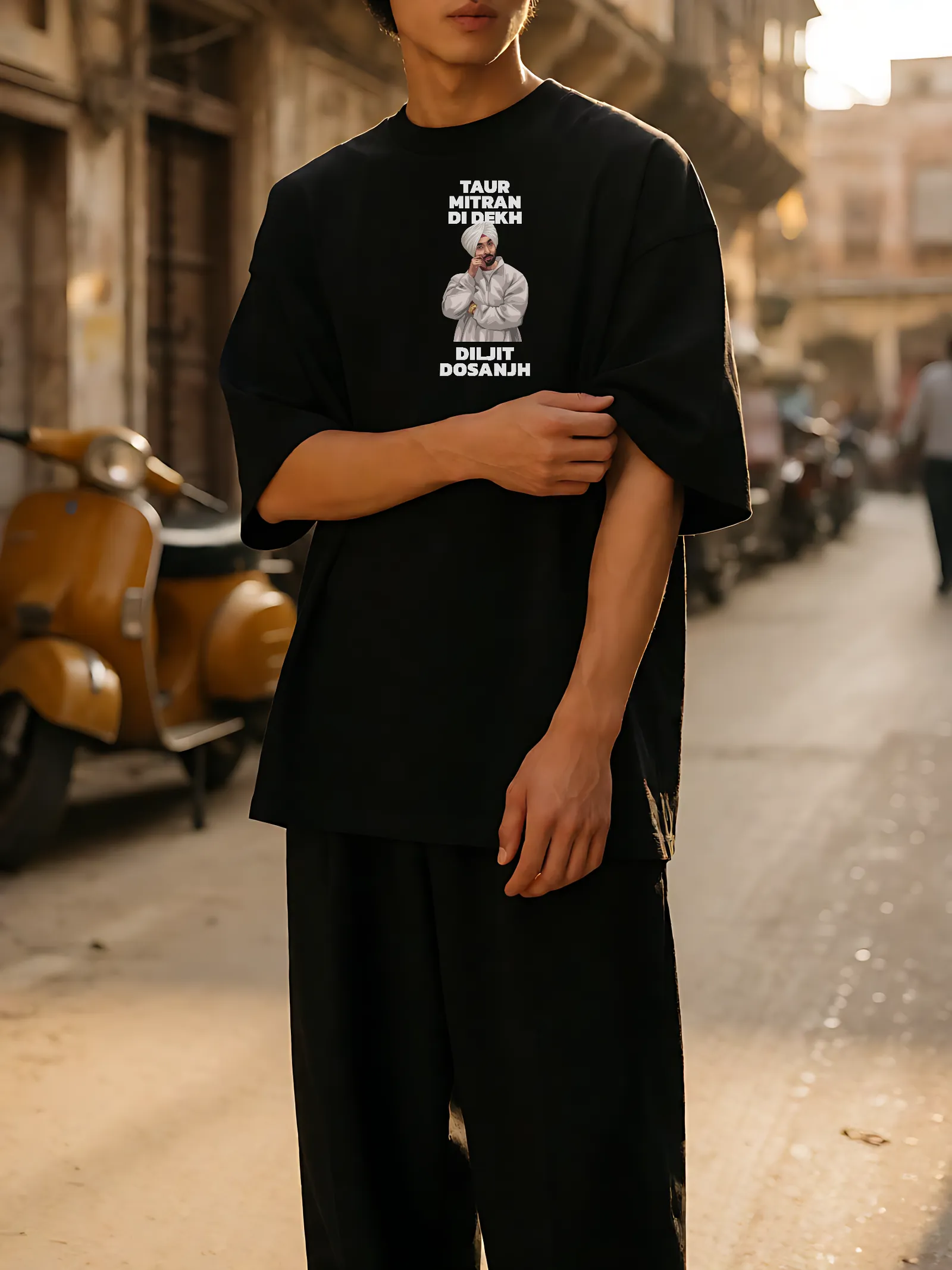 Taur Mitran Di Dekh Oversized T-Shirt worn, front print in the street