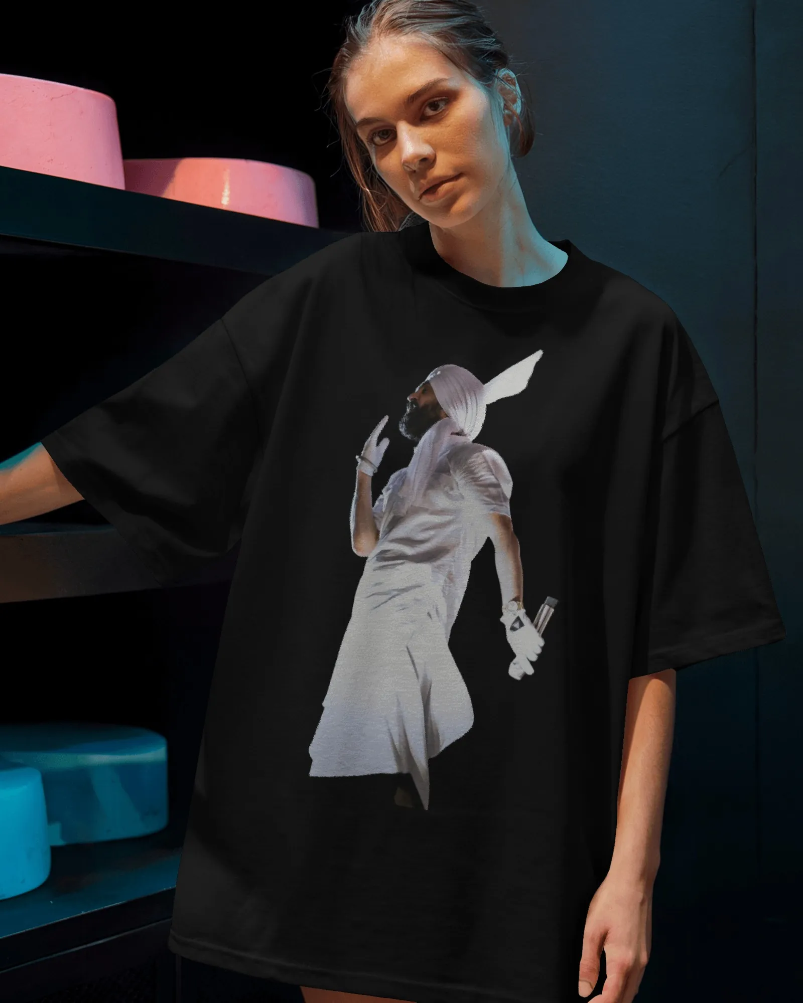Dil-Luminati Wings Figure Oversized T-Shirt — worn shot 1