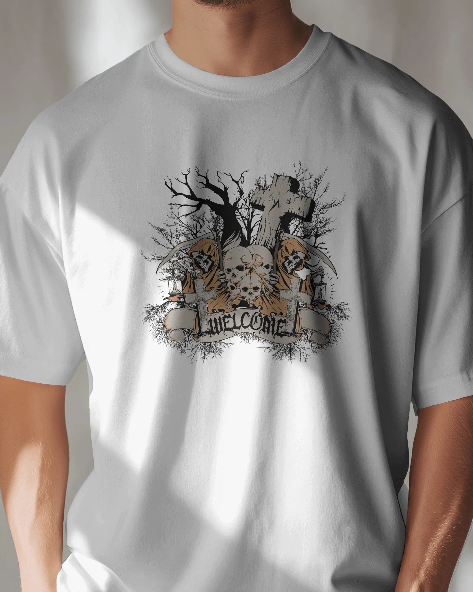 ["Premium Grim Reaper 'UNWELCOME' Gothic Print T-Shirt by YORD (T-Shirts) - photo 1 of 7", "Premium Grim Reaper 'UNWELCOME' Gothic Print T-Shirt by YORD (T-Shirts) - photo 2 of 7", "Premium Grim Reaper 'UNWELCOME' Gothic Print T-Shirt by YORD (T-Shirts) - photo 3 of 7", "Premium Grim Reaper 'UNWELCOME' Gothic Print T-Shirt by YORD (T-Shirts) - photo 4 of 7", "Premium Grim Reaper 'UNWELCOME' Gothic Print T-Shirt by YORD (T-Shirts) - photo 5 of 7", "Premium Grim Reaper 'UNWELCOME' Gothic Print T-Shirt by YORD