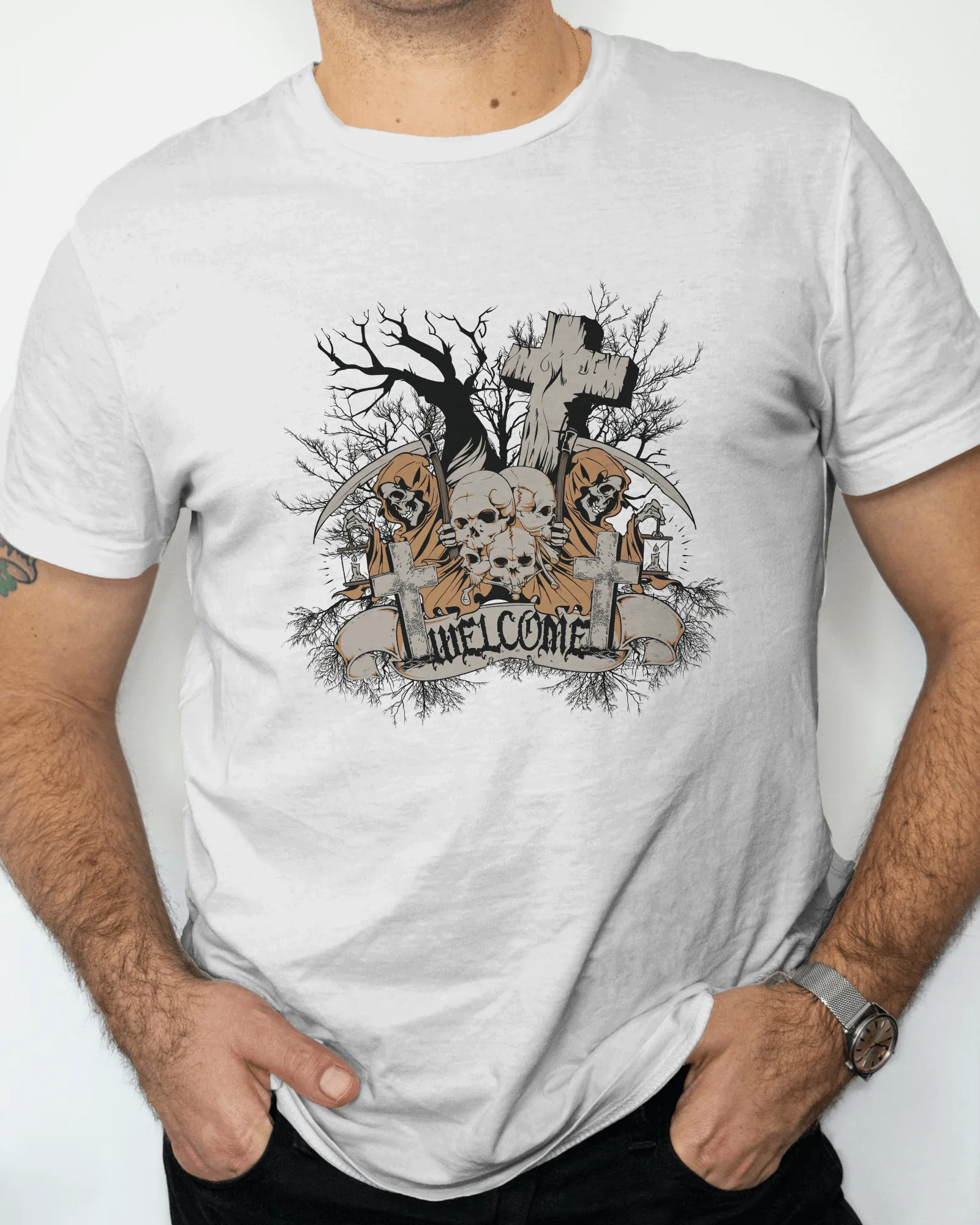 ["Premium Grim Reaper 'UNWELCOME' Gothic Print T-Shirt by YORD (T-Shirts) - photo 1 of 7", "Premium Grim Reaper 'UNWELCOME' Gothic Print T-Shirt by YORD (T-Shirts) - photo 2 of 7", "Premium Grim Reaper 'UNWELCOME' Gothic Print T-Shirt by YORD (T-Shirts) - photo 3 of 7", "Premium Grim Reaper 'UNWELCOME' Gothic Print T-Shirt by YORD (T-Shirts) - photo 4 of 7", "Premium Grim Reaper 'UNWELCOME' Gothic Print T-Shirt by YORD (T-Shirts) - photo 5 of 7", "Premium Grim Reaper 'UNWELCOME' Gothic Print T-Shirt by YORD