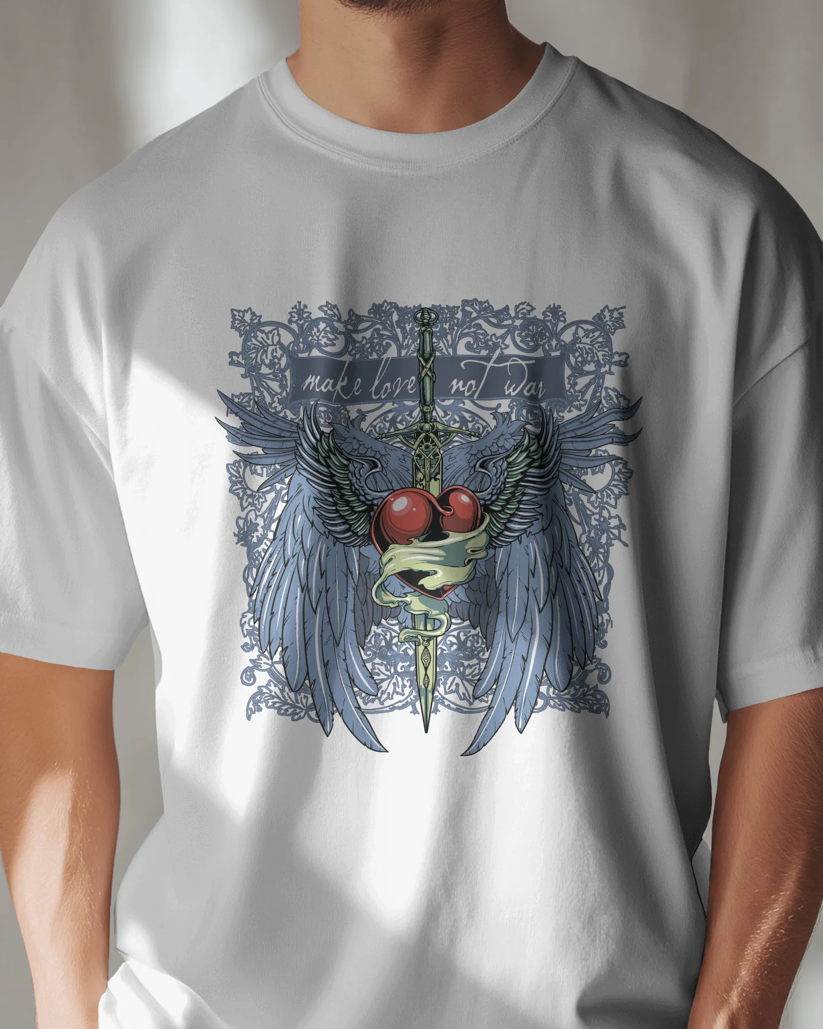 ['Premium Make Love Not War Wings Heart Graphic T-shirt by YORD (T-Shirts) - photo 1 of 7', 'Premium Make Love Not War Wings Heart Graphic T-shirt by YORD (T-Shirts) - photo 2 of 7', 'Premium Make Love Not War Wings Heart Graphic T-shirt by YORD (T-Shirts) - photo 3 of 7', 'Premium Make Love Not War Wings Heart Graphic T-shirt by YORD (T-Shirts) - photo 4 of 7', 'Premium Make Love Not War Wings Heart Graphic T-shirt by YORD (T-Shirts) - photo 5 of 7', 'Premium Make Love Not War Wings Heart Graphic T-shirt b