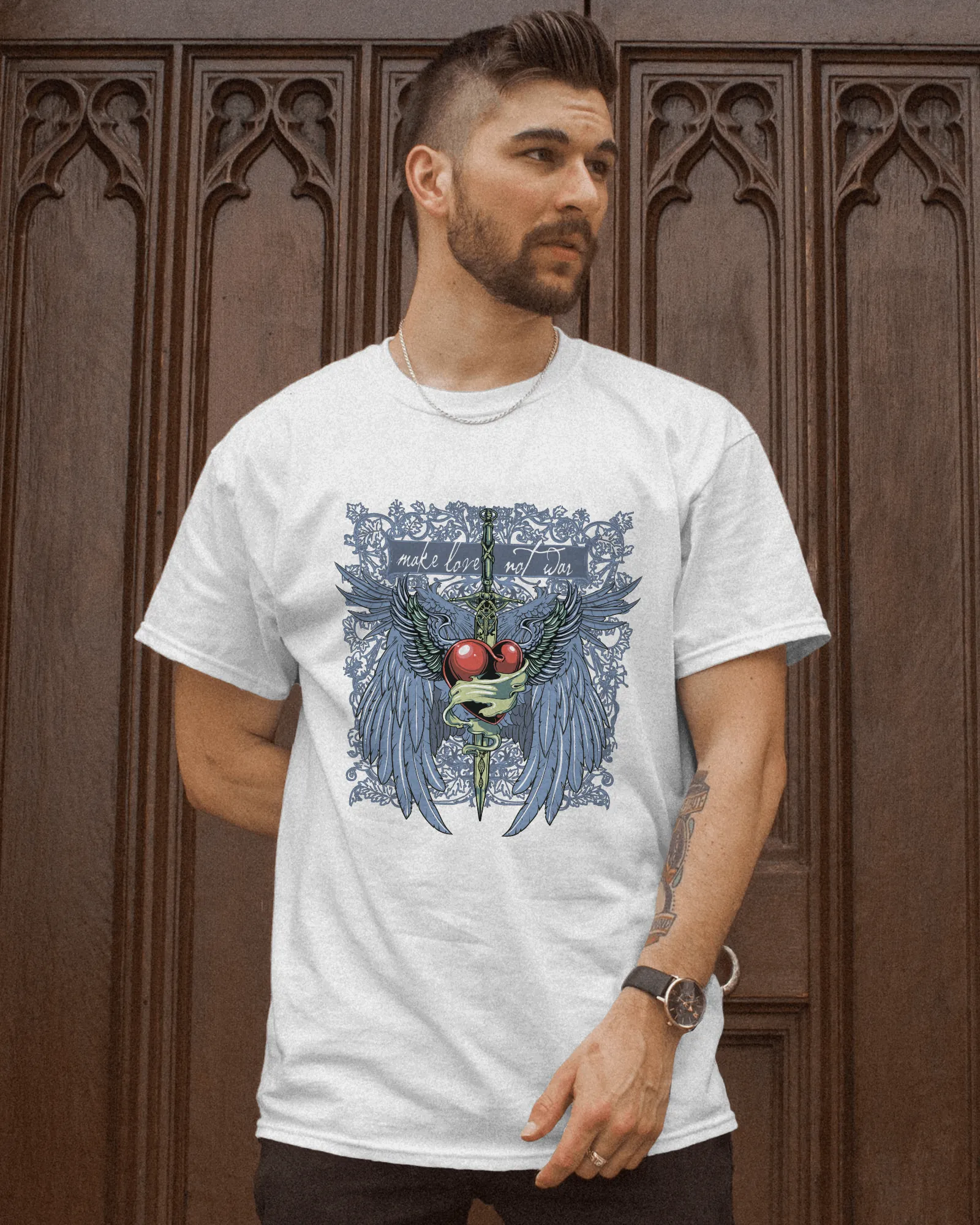 ['Premium Make Love Not War Wings Heart Graphic T-shirt by YORD (T-Shirts) - photo 1 of 7', 'Premium Make Love Not War Wings Heart Graphic T-shirt by YORD (T-Shirts) - photo 2 of 7', 'Premium Make Love Not War Wings Heart Graphic T-shirt by YORD (T-Shirts) - photo 3 of 7', 'Premium Make Love Not War Wings Heart Graphic T-shirt by YORD (T-Shirts) - photo 4 of 7', 'Premium Make Love Not War Wings Heart Graphic T-shirt by YORD (T-Shirts) - photo 5 of 7', 'Premium Make Love Not War Wings Heart Graphic T-shirt b
