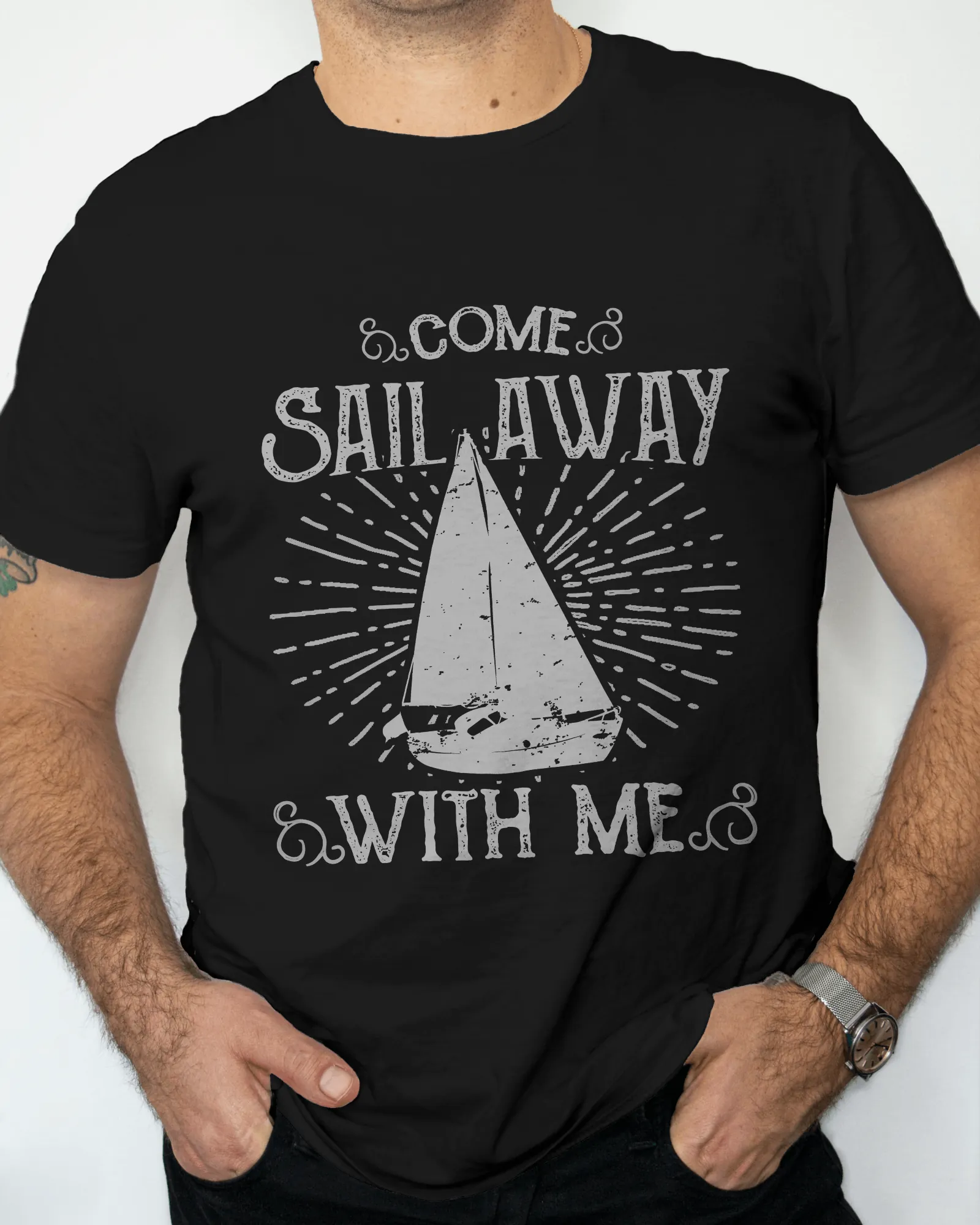 ["Premium Nautical 'Come Sail Away With Me' Cotton T-Shirt by YORD (T-Shirts) - photo 1 of 5", "Premium Nautical 'Come Sail Away With Me' Cotton T-Shirt by YORD (T-Shirts) - photo 2 of 5", "Premium Nautical 'Come Sail Away With Me' Cotton T-Shirt by YORD (T-Shirts) - photo 3 of 5", "Premium Nautical 'Come Sail Away With Me' Cotton T-Shirt by YORD (T-Shirts) - photo 4 of 5", "Premium Nautical 'Come Sail Away With Me' Cotton T-Shirt by YORD (T-Shirts) - photo 5 of 5"]