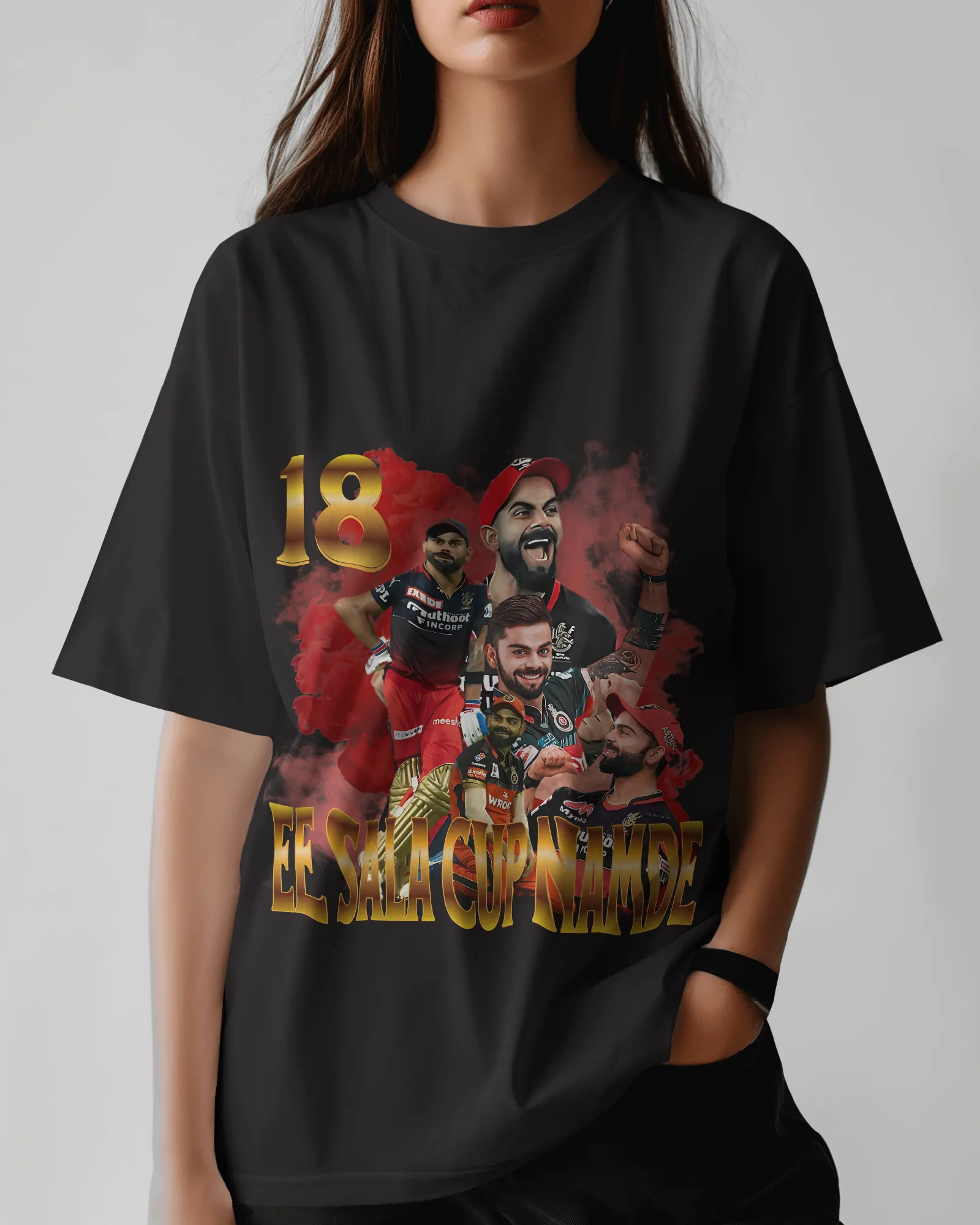 ["Premium RCB 'EE SALA CUP NAMDE' Oversized Cricket T-shirt by YORD (T-Shirts) - photo 1 of 9", "Premium RCB 'EE SALA CUP NAMDE' Oversized Cricket T-shirt by YORD (T-Shirts) - photo 2 of 9", "Premium RCB 'EE SALA CUP NAMDE' Oversized Cricket T-shirt by YORD (T-Shirts) - photo 3 of 9", "Premium RCB 'EE SALA CUP NAMDE' Oversized Cricket T-shirt by YORD (T-Shirts) - photo 4 of 9", "Premium RCB 'EE SALA CUP NAMDE' Oversized Cricket T-shirt by YORD (T-Shirts) - photo 5 of 9", "Premium RCB 'EE SALA CUP NAMDE' Ove
