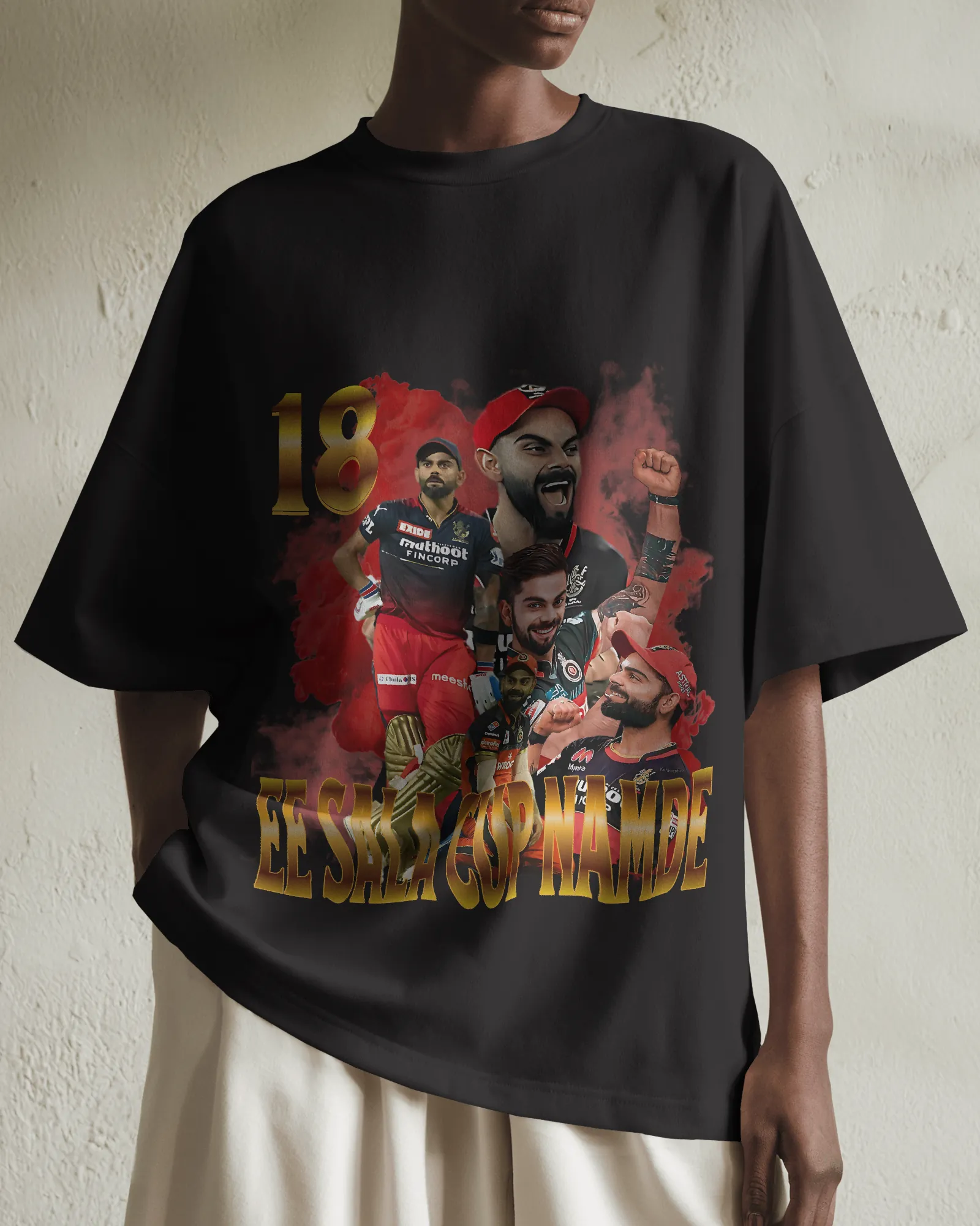 ["Premium RCB 'EE SALA CUP NAMDE' Oversized Cricket T-shirt by YORD (T-Shirts) - photo 1 of 9", "Premium RCB 'EE SALA CUP NAMDE' Oversized Cricket T-shirt by YORD (T-Shirts) - photo 2 of 9", "Premium RCB 'EE SALA CUP NAMDE' Oversized Cricket T-shirt by YORD (T-Shirts) - photo 3 of 9", "Premium RCB 'EE SALA CUP NAMDE' Oversized Cricket T-shirt by YORD (T-Shirts) - photo 4 of 9", "Premium RCB 'EE SALA CUP NAMDE' Oversized Cricket T-shirt by YORD (T-Shirts) - photo 5 of 9", "Premium RCB 'EE SALA CUP NAMDE' Ove