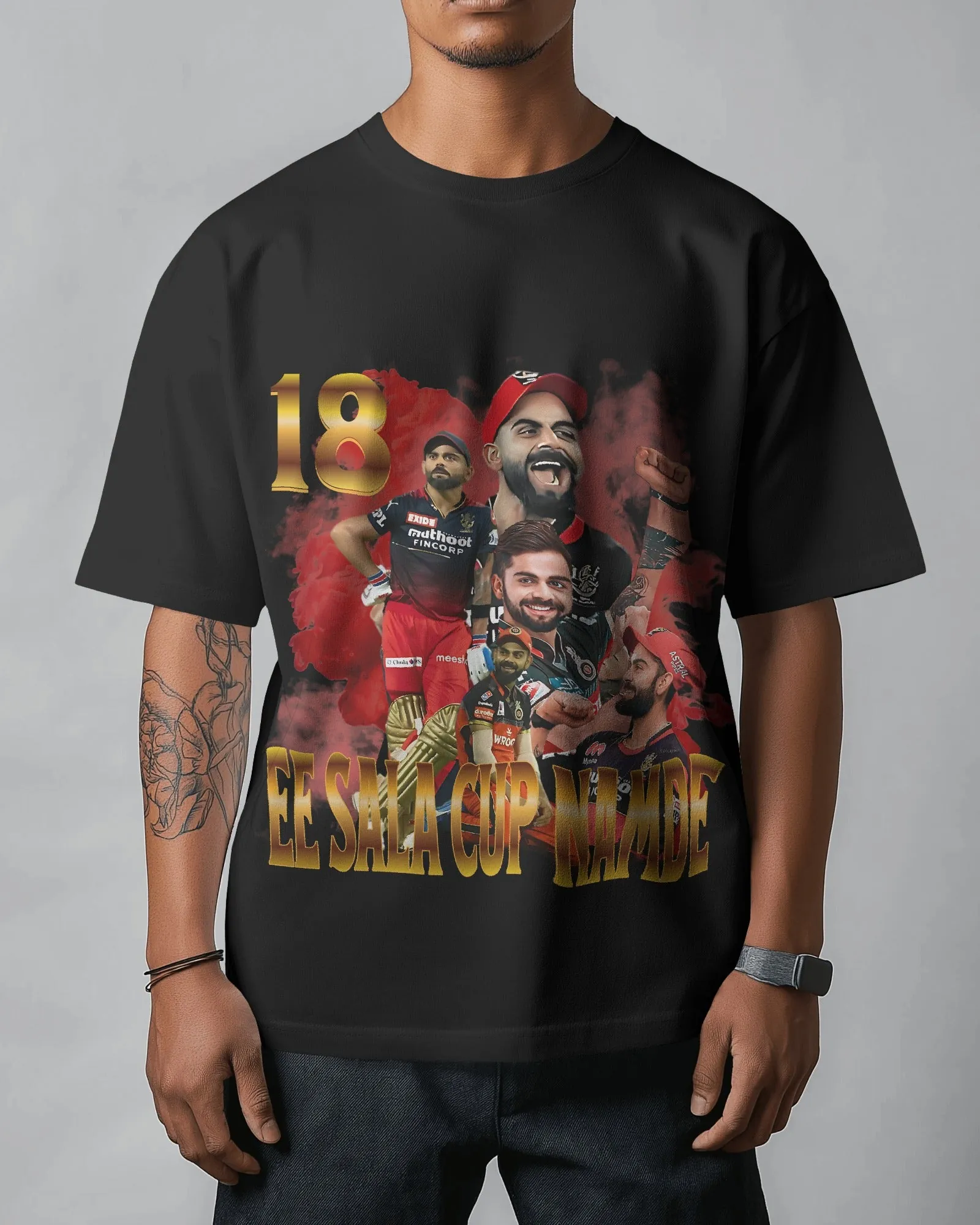 ["Premium RCB 'EE SALA CUP NAMDE' Oversized Cricket T-shirt by YORD (T-Shirts) - photo 1 of 9", "Premium RCB 'EE SALA CUP NAMDE' Oversized Cricket T-shirt by YORD (T-Shirts) - photo 2 of 9", "Premium RCB 'EE SALA CUP NAMDE' Oversized Cricket T-shirt by YORD (T-Shirts) - photo 3 of 9", "Premium RCB 'EE SALA CUP NAMDE' Oversized Cricket T-shirt by YORD (T-Shirts) - photo 4 of 9", "Premium RCB 'EE SALA CUP NAMDE' Oversized Cricket T-shirt by YORD (T-Shirts) - photo 5 of 9", "Premium RCB 'EE SALA CUP NAMDE' Ove