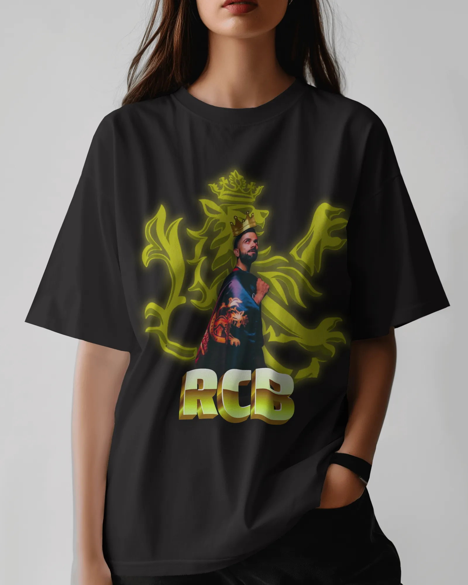 ['Premium RCB King Oversized Glow Print T-shirt - Limited Edition by YORD (T-Shirts) - photo 1 of 4', 'Premium RCB King Oversized Glow Print T-shirt - Limited Edition by YORD (T-Shirts) - photo 2 of 4', 'Premium RCB King Oversized Glow Print T-shirt - Limited Edition by YORD (T-Shirts) - photo 3 of 4', 'Premium RCB King Oversized Glow Print T-shirt - Limited Edition by YORD (T-Shirts) - photo 4 of 4']