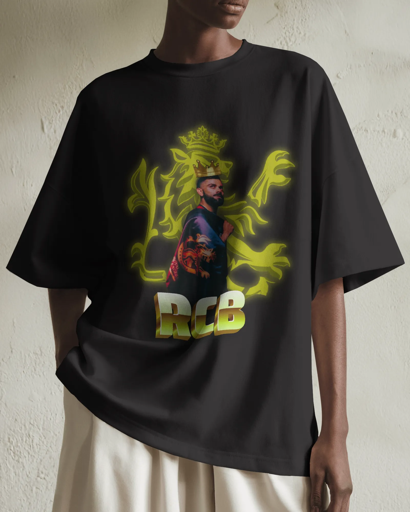 ['Premium RCB King Oversized Glow Print T-shirt - Limited Edition by YORD (T-Shirts) - photo 1 of 4', 'Premium RCB King Oversized Glow Print T-shirt - Limited Edition by YORD (T-Shirts) - photo 2 of 4', 'Premium RCB King Oversized Glow Print T-shirt - Limited Edition by YORD (T-Shirts) - photo 3 of 4', 'Premium RCB King Oversized Glow Print T-shirt - Limited Edition by YORD (T-Shirts) - photo 4 of 4']