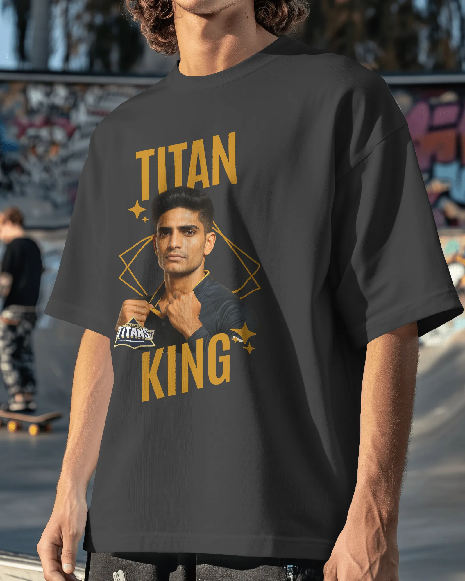 ['Premium Titan King Cricket Oversized T-shirt | GT IPL Edition by YORD (T-Shirts) - photo 1 of 5', 'Premium Titan King Cricket Oversized T-shirt | GT IPL Edition by YORD (T-Shirts) - photo 2 of 5', 'Premium Titan King Cricket Oversized T-shirt | GT IPL Edition by YORD (T-Shirts) - photo 3 of 5', 'Premium Titan King Cricket Oversized T-shirt | GT IPL Edition by YORD (T-Shirts) - photo 4 of 5', 'Premium Titan King Cricket Oversized T-shirt | GT IPL Edition by YORD (T-Shirts) - photo 5 of 5']